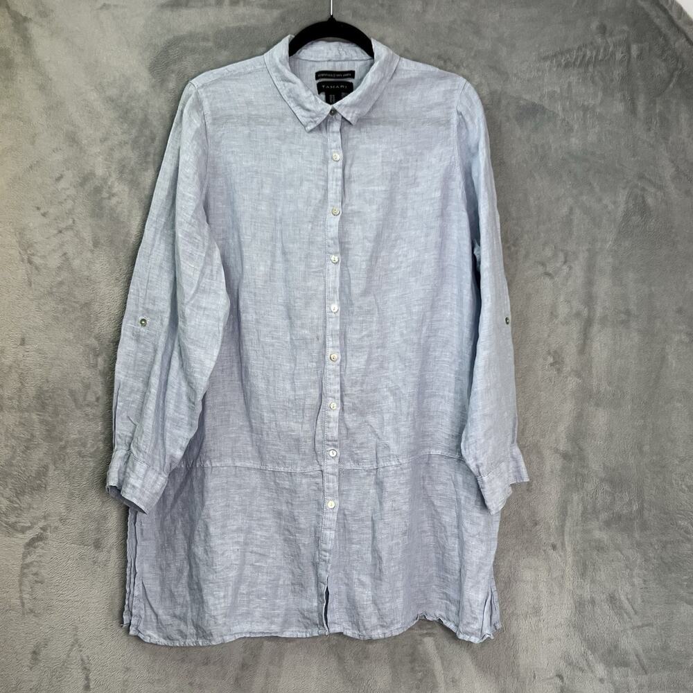 TAHARI Essentials‎ Linen Tunic Button Down Shirt Women 1X Blue Top Side Split